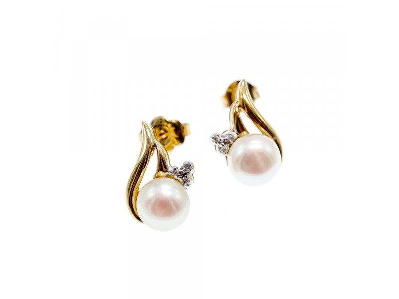 14K Yellow Gold Pearl & Diamonds Earrings