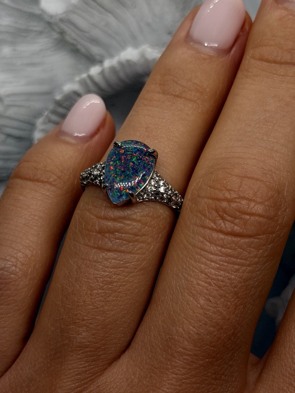 925 Sterling Silver Pear-Shaped Opal & Beryl Ring Size 6