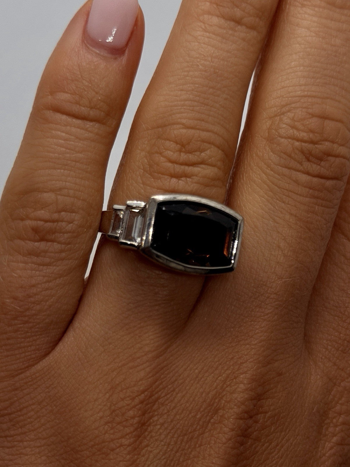 Art Deco 925 Sterling Silver Brown Smoky Quartz & White Topaz Ring Size 7