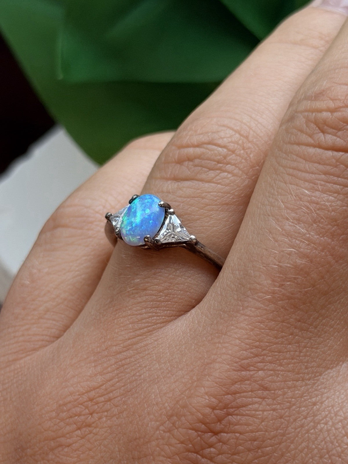 925 Sterling Silver Oval Blue Opal & White Beryl Tree-Stone Ring Size 8