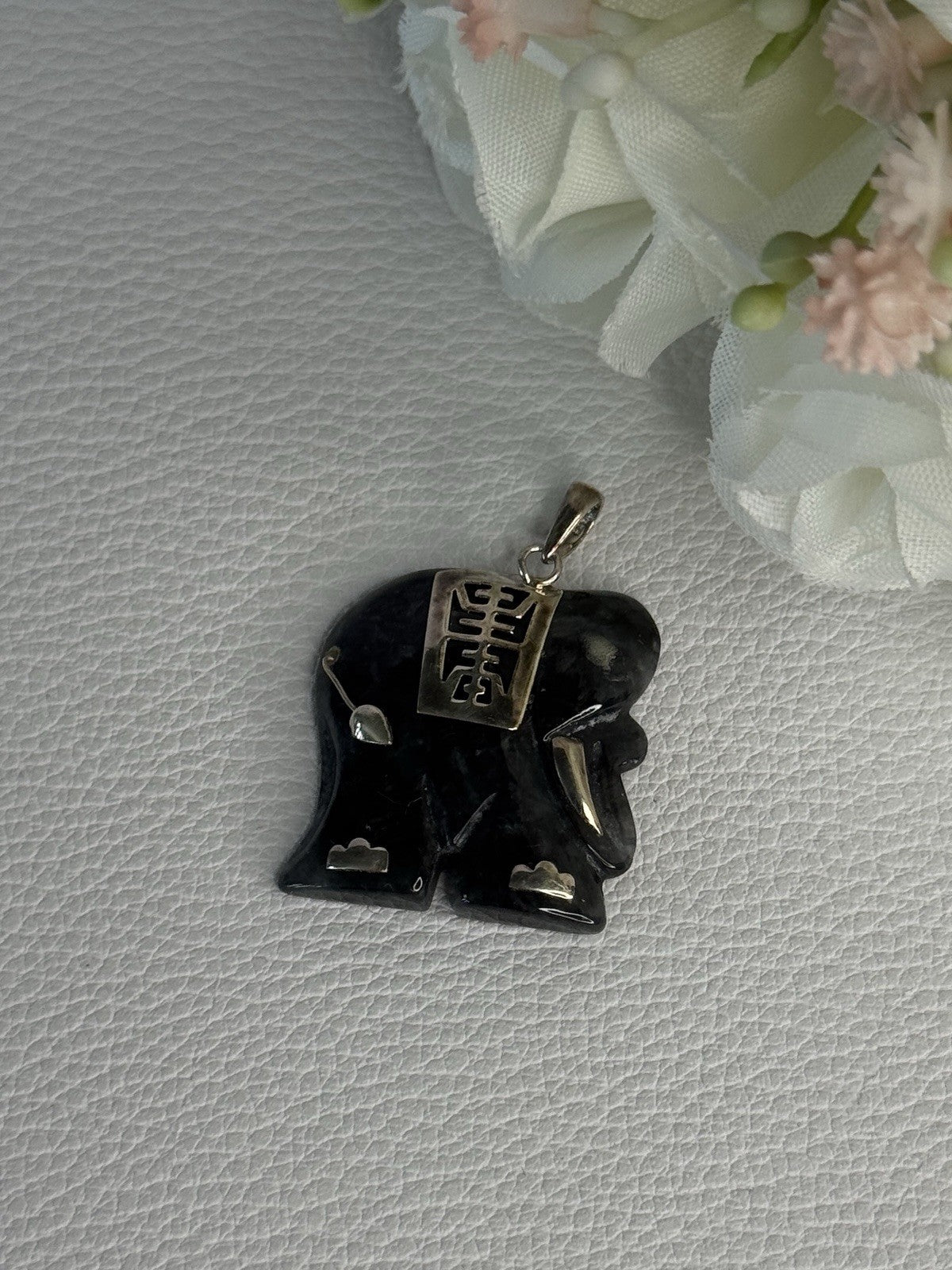 925 Sterling Silver Jade Elephant Pendant Length 1.20 Inch