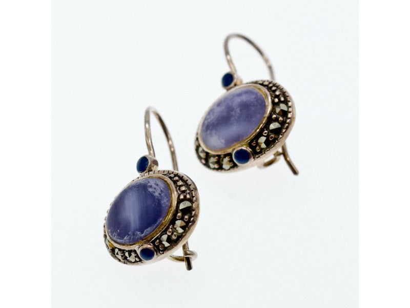 Vintage 925 Sterling Silver Agate & Marcasites Earrings