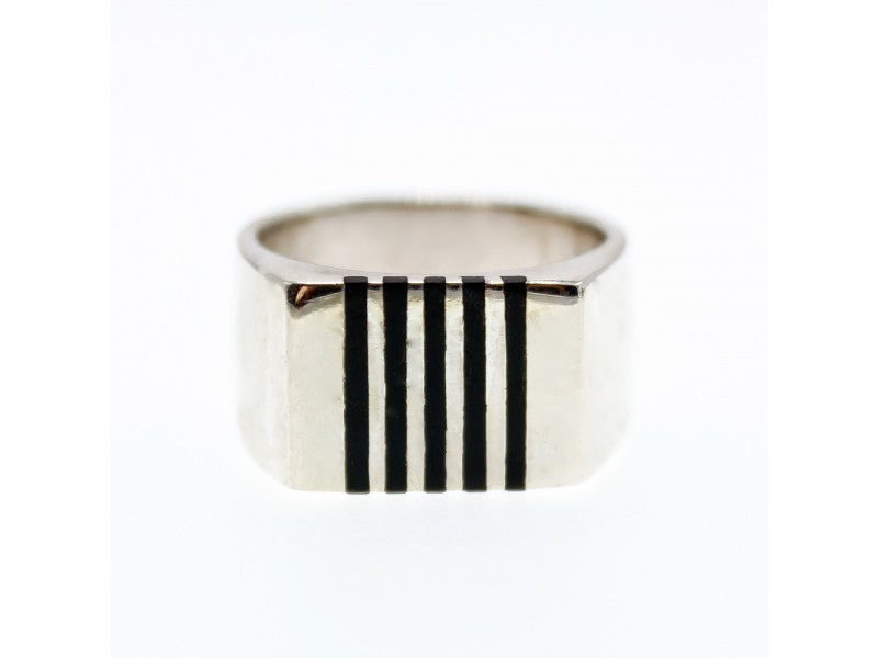 Men's 925 Sterling Silver Black Enamel Inserts Signet Ring Size 9.5