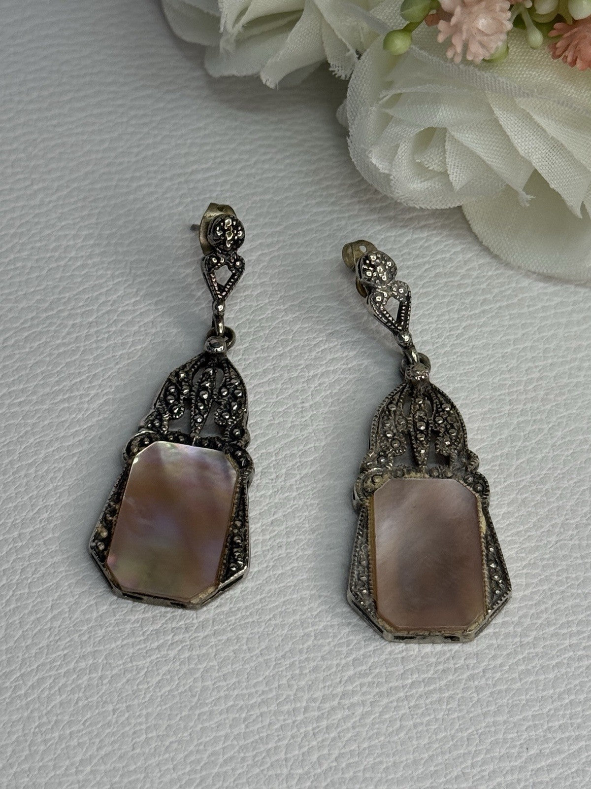 Vintage 925 Sterling Silver Abalone Earrings Length 2 Inch