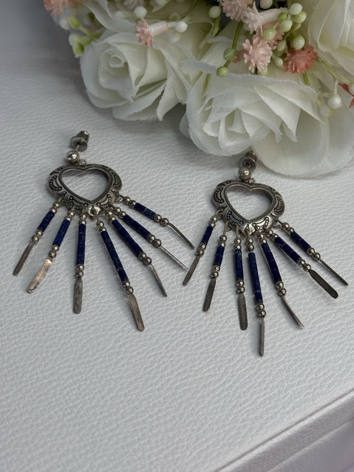 Vintage Native American 925 Sterling Silver Lapis Earrings Length 2.50 Inch