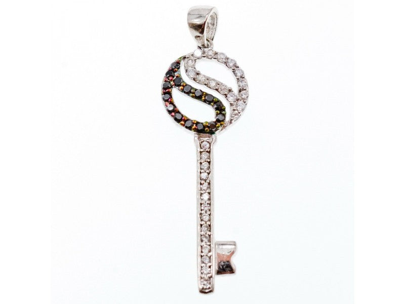 925 Sterling Silver Black & White CZ "Key" Pendant