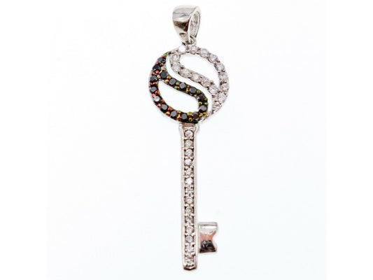 925 Sterling Silver Black & White CZ "Key" Pendant