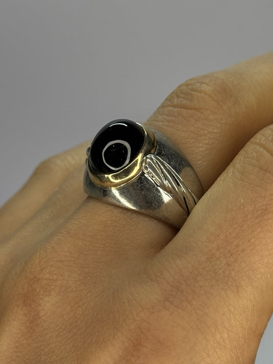 925 Sterling Silver & 14K Gold Bezel  Agate Ring Size 9.5