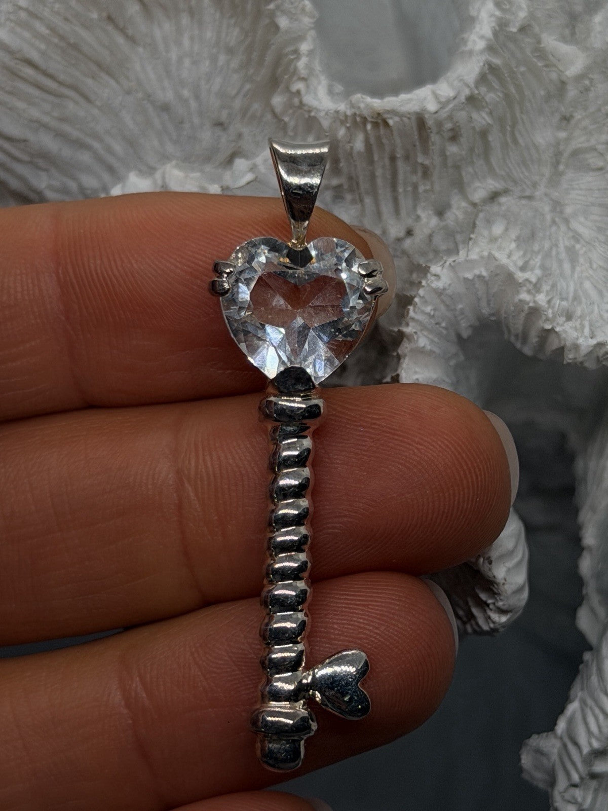 Heart-Cut 925 Sterling Silver Key Clear Tourmaline Pendant