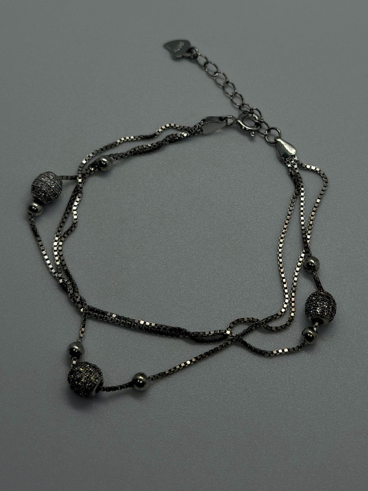 925 Sterling Silver Multi-Strand Box Chain Pave Cz Beads Bracelet Size 6.5/8