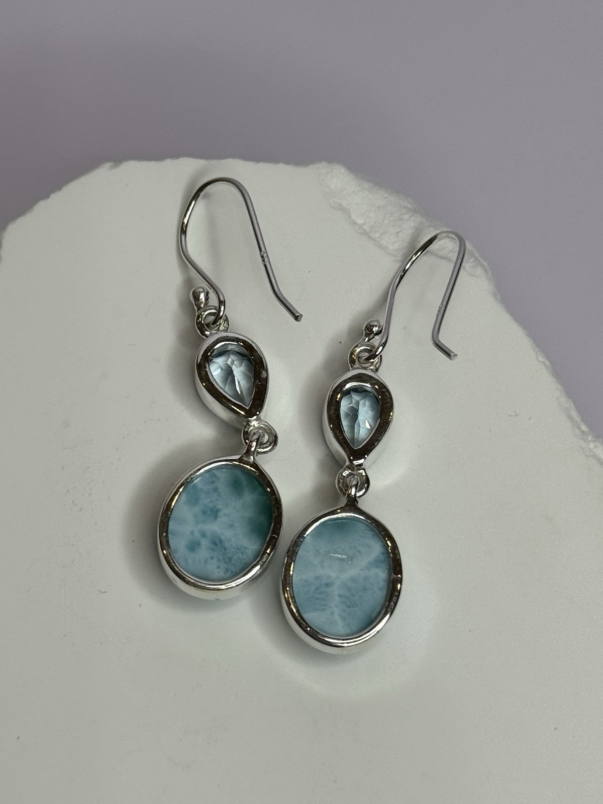 925 Sterling Silver Larimar & Topaz Earrings Length 1.7 Inch