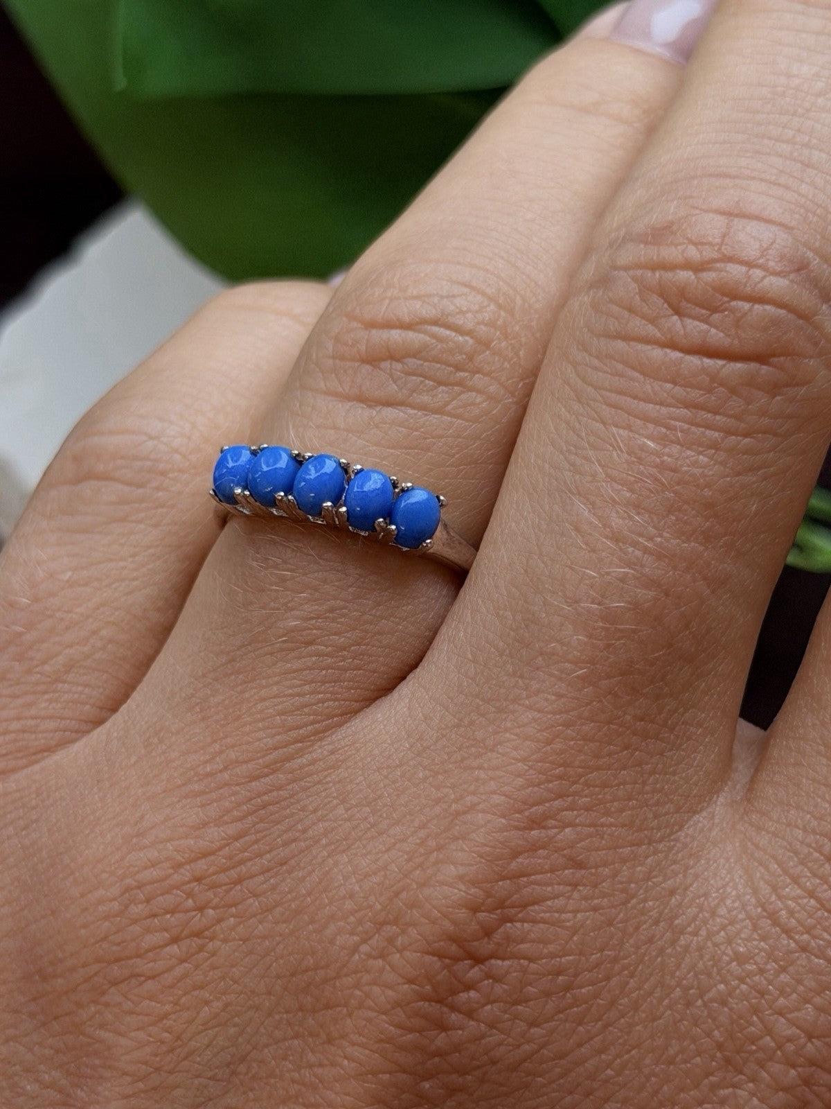 925 Sterling Silver Five Stone Oval Blue Turquoise Ring Size 7