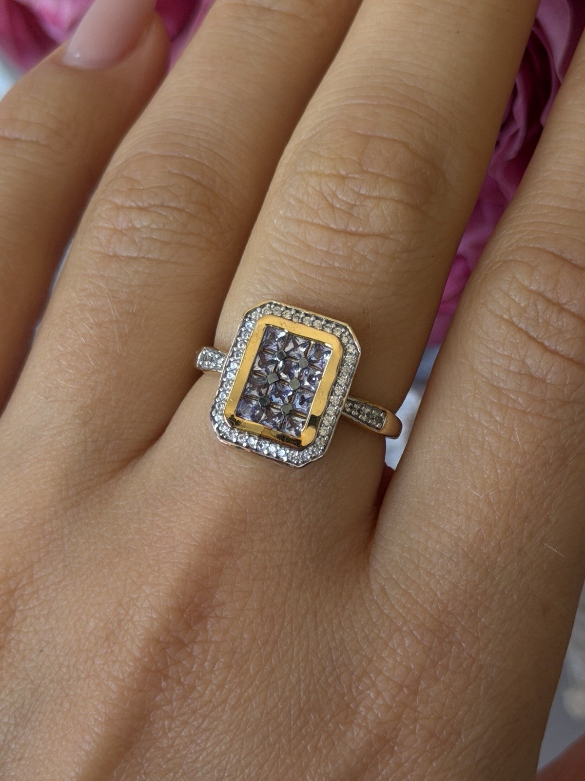 925 Sterling Silver Gold Plated Tanzanite & Beryl Ring Size 8
