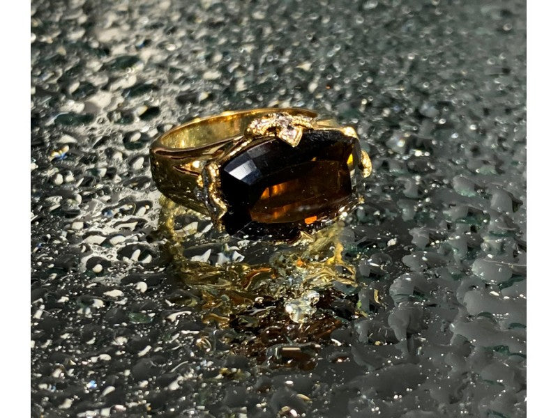 925 Sterling Silver Gold Plated Hessonite & Diamonds Ring Size 5.5