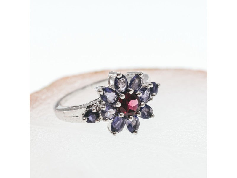925 Sterling Silver Spinel & Tanzanite "Flower" Ring Size 9
