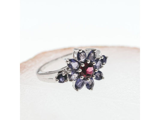 925 Sterling Silver Spinel & Tanzanite "Flower" Ring Size 9