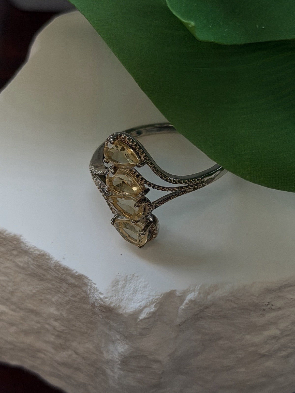 925 Sterling Silver Pear Cut 4 Stones Yellow Citrine Ring Size 10