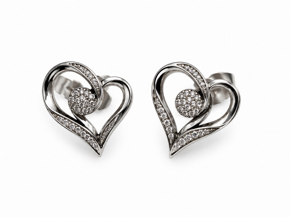 925 Sterling Silver Diamond Accent Open Heart Stud Earrings