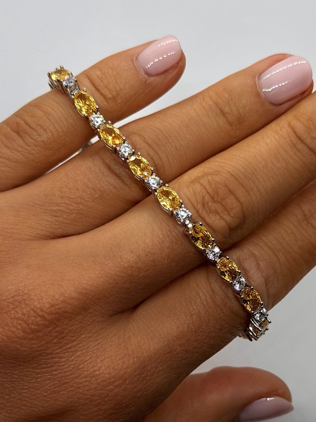Shiny 925 Sterling Silver Yellow Citrine & Clear Beryl Bracelet Size 7.5