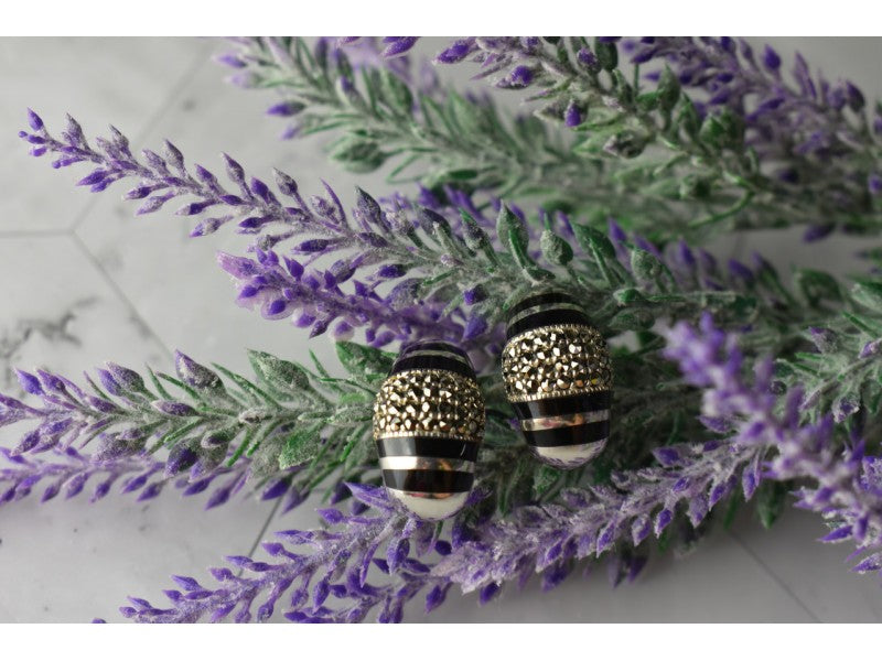 925 Sterling Silver Black Nephrite & Marcasites Earrings