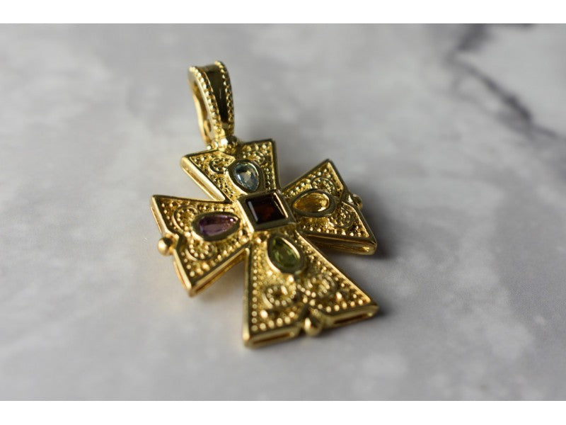925 Sterling Silver Gold Plated Multi Gemstones Cross Pendant