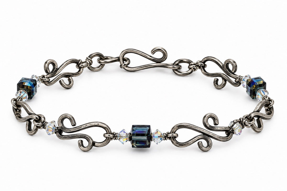 925 Sterling Silver Artisan Scroll Link Bracelet with Crystal Cube Beads 7.5