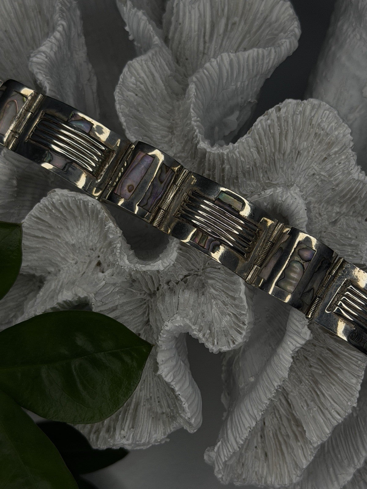 Vintage 925 Sterling Silver Abalone Mother of Pearl Bracelet Length 7