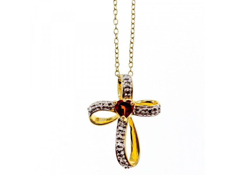 925 Sterling Silver Gold Plated "Garnet Heart" Chain with Pendant Italy