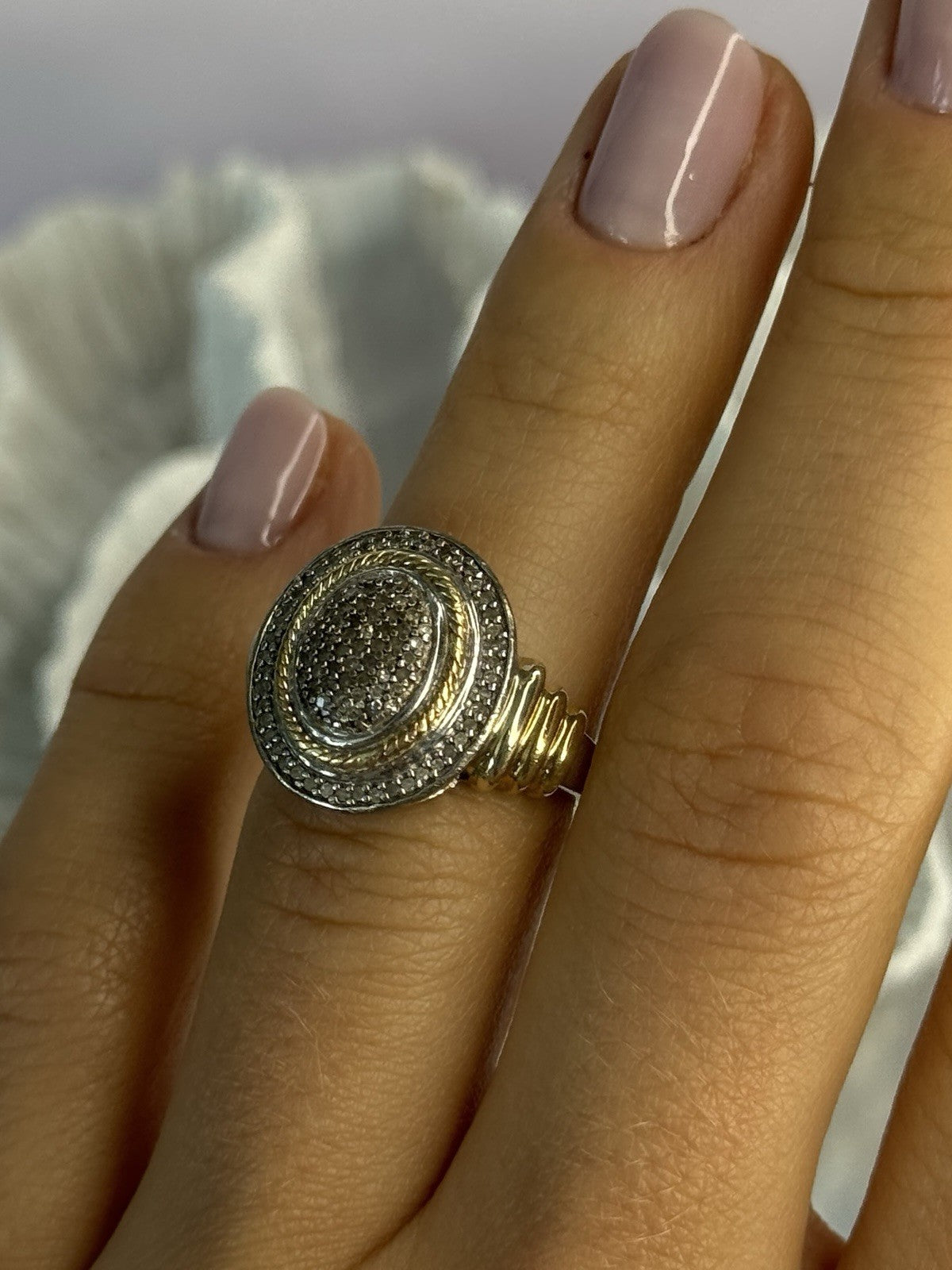 925 Sterling Silver Gold Plated Part Diamond Ring Size 6