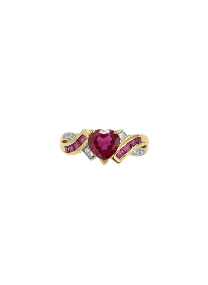 10K Yellow Gold Ruby & Diamond Heart Ring Size 7