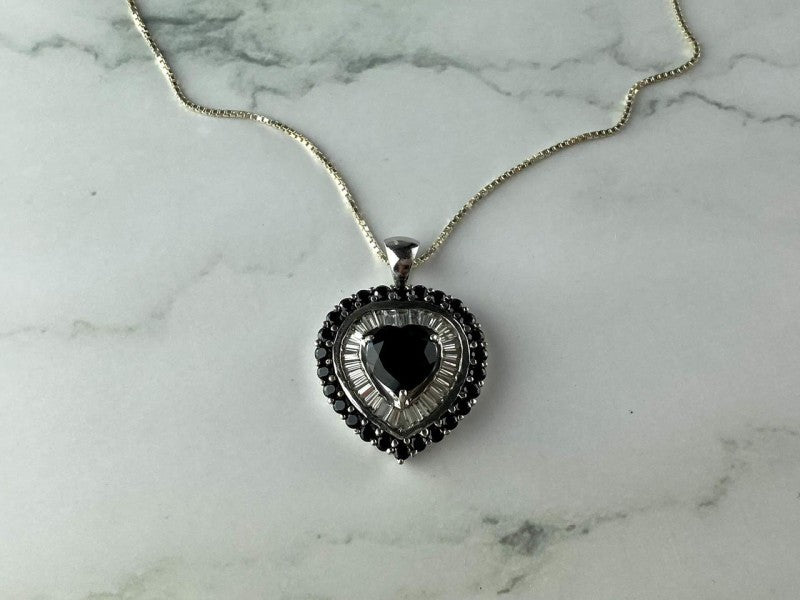 925 Sterling Silver Black Spinel & Goshenite "Heart" Chain With Pendant