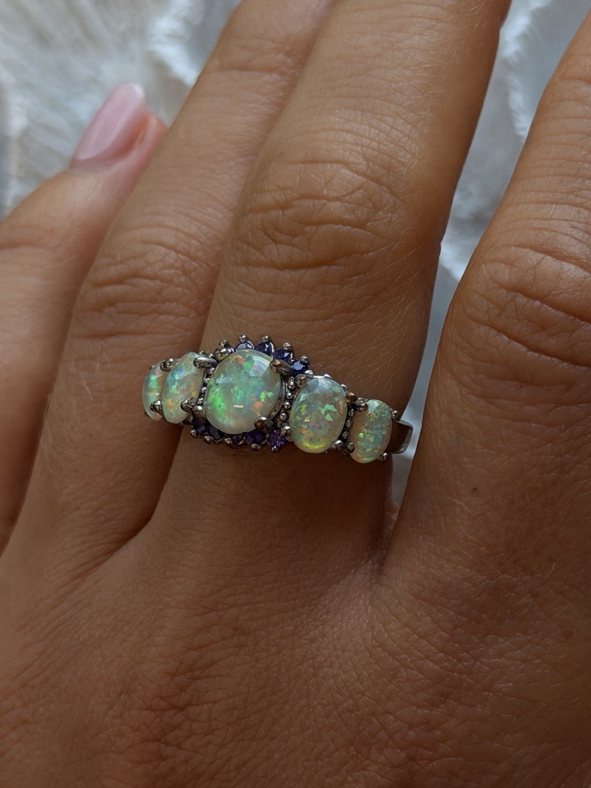 925 Sterling Silver Opal & Amethyst Ring Size 8