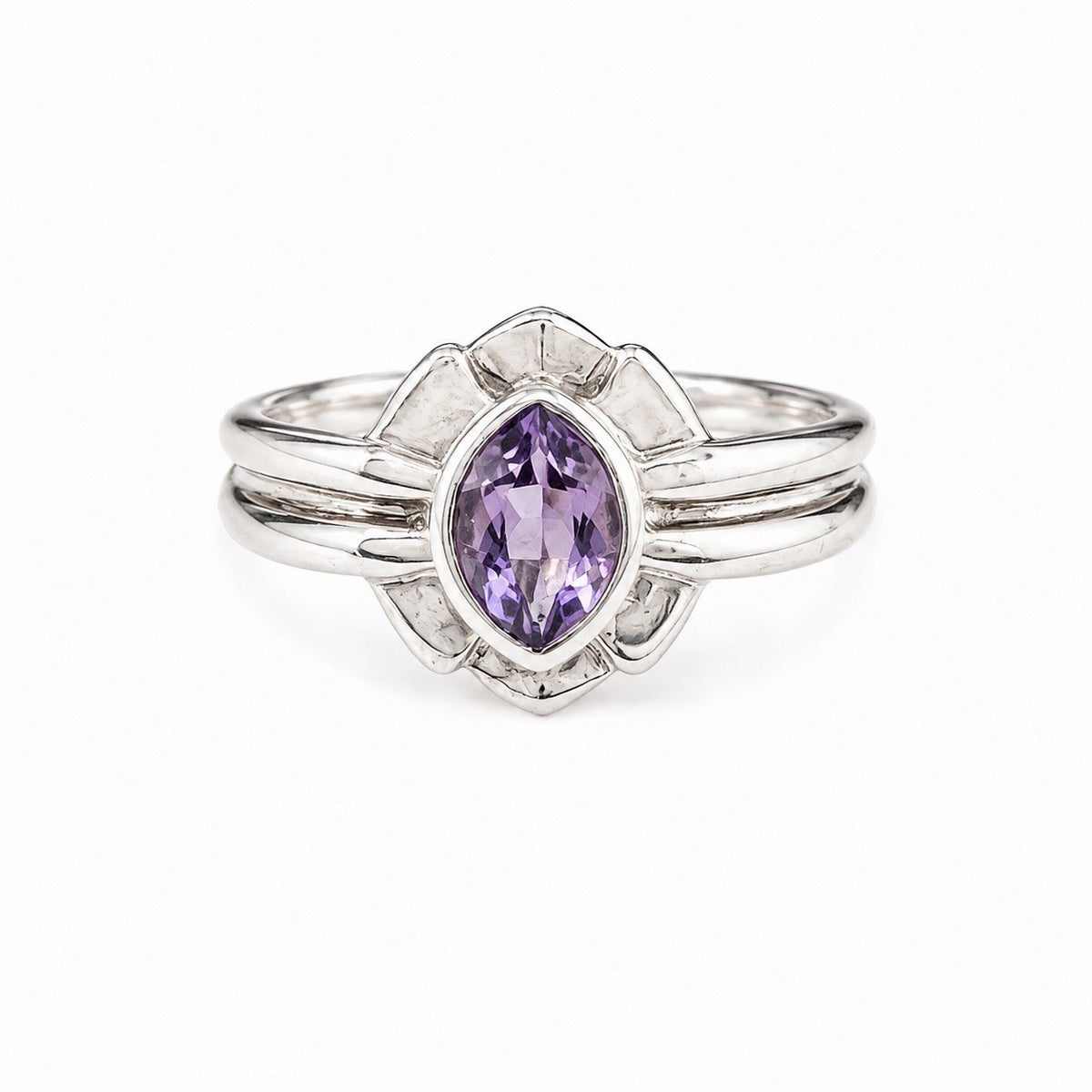925 Sterling Silver Marquise Cut Art Deco Purple Amethyst Ring Size 8