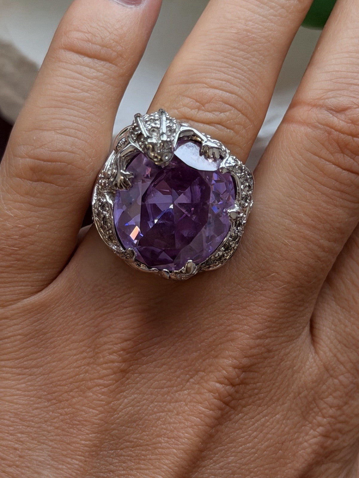 925 Sterling Silver Frog Ring Large Purple Amethyst & White Clear Beryl Size 7