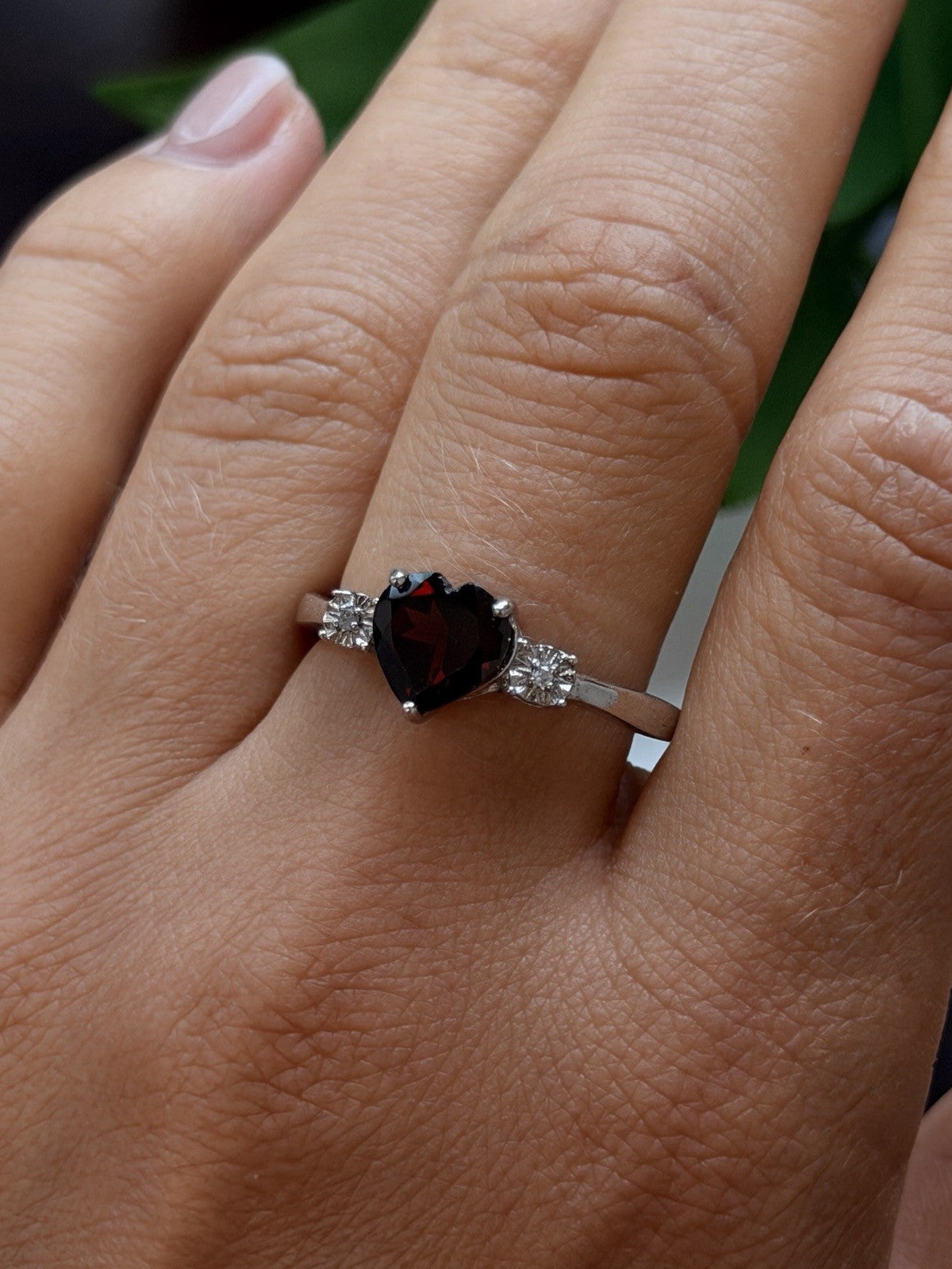 925 Sterling Silver Heart Cut Garnet with White Beryl Stones Ring Size 10
