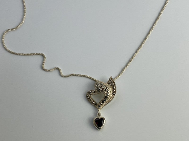 925 Sterling Silver Almandine & Marcasites Chain With Pendant