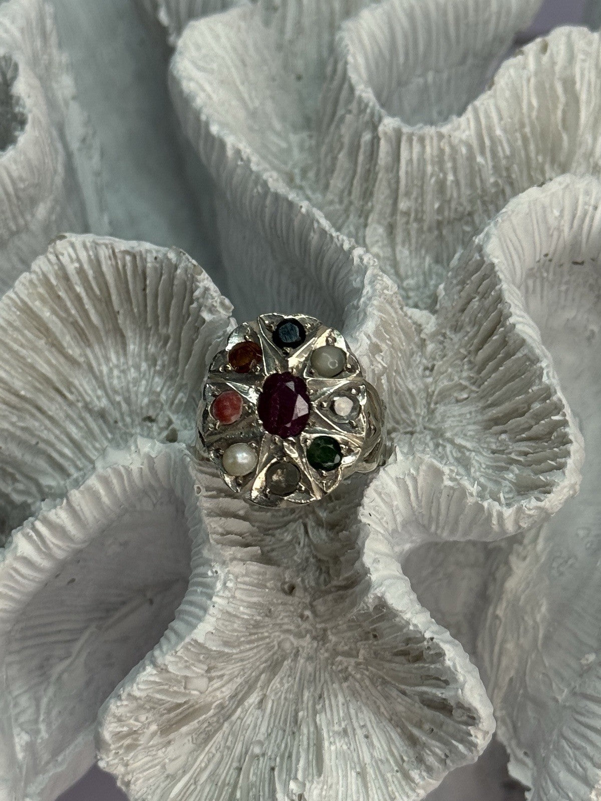 925 Sterling Silver Ruby & Multicolor Gemstones Ring Size 8