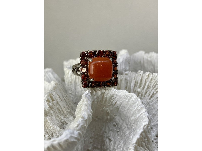 925 Sterling Silver Amber & Garnet Ring Size 8.5