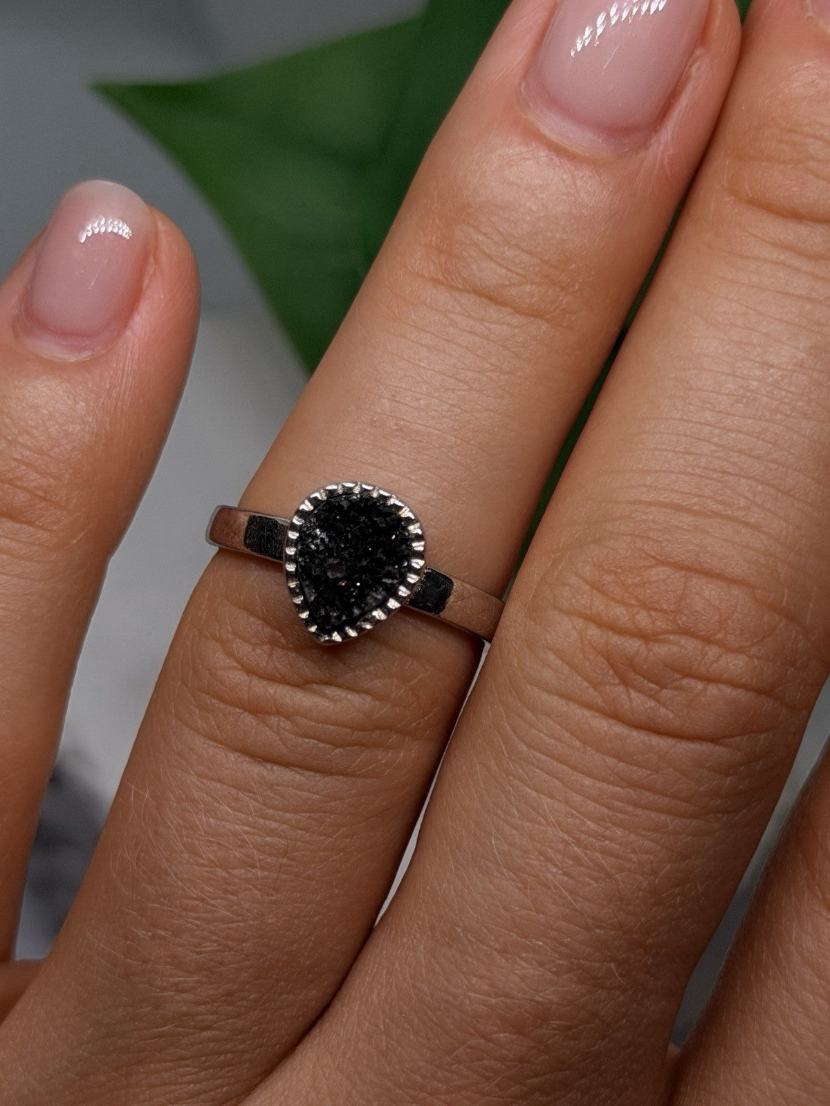Adjustable 925 Sterling Silver Black Druzy Pear Ring