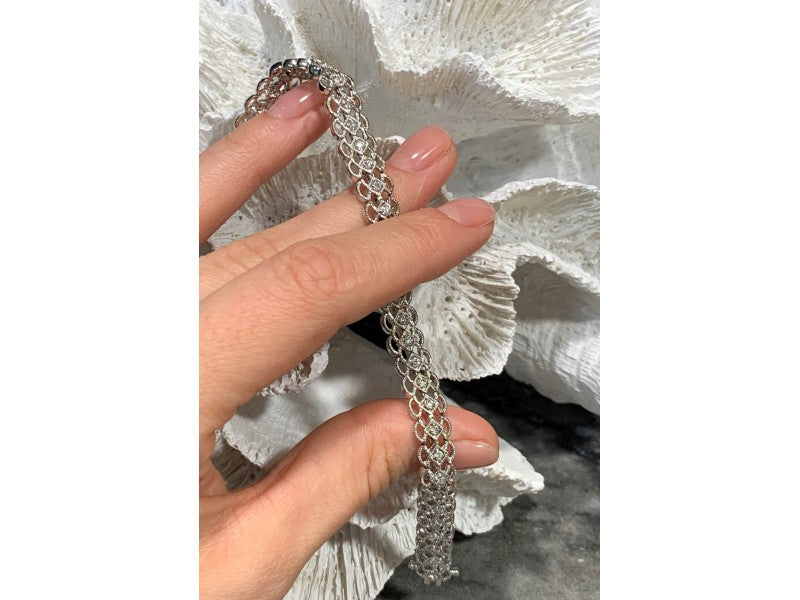 925 Sterling Silver White Topaz "Openwork" Bracelet Size 7 IN