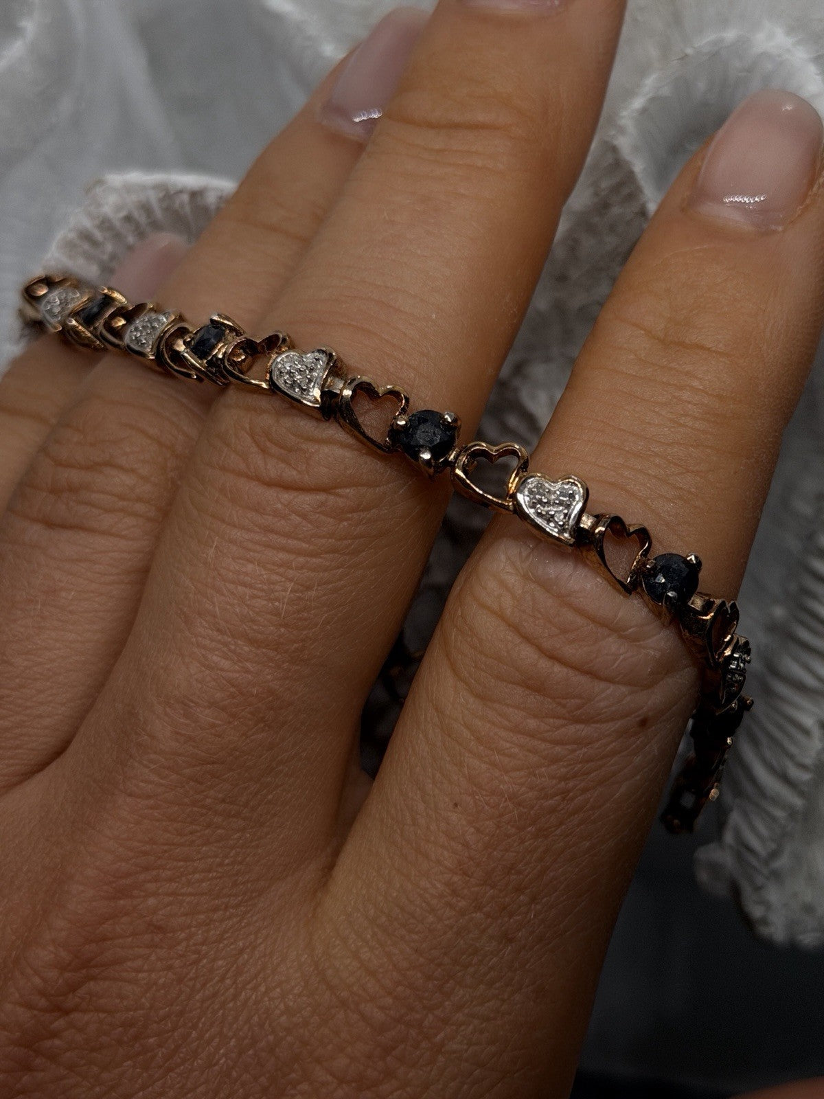 925 Sterling Silver Gold Plated Sapphire Heart Bracelet Size 7.5