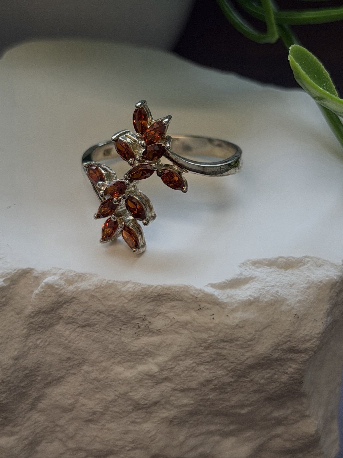 925 Sterling Silver garnet Flower Ring Adjustable