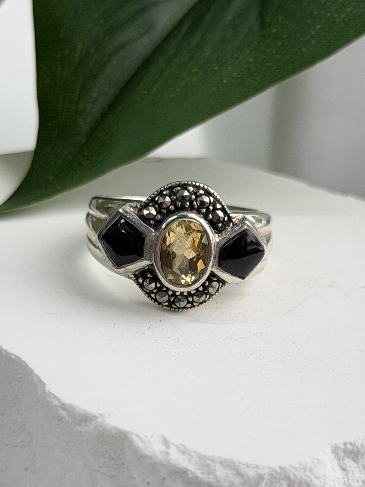 925 Sterling Silver Citrine & Onyx & Marcasite Ring Size 7