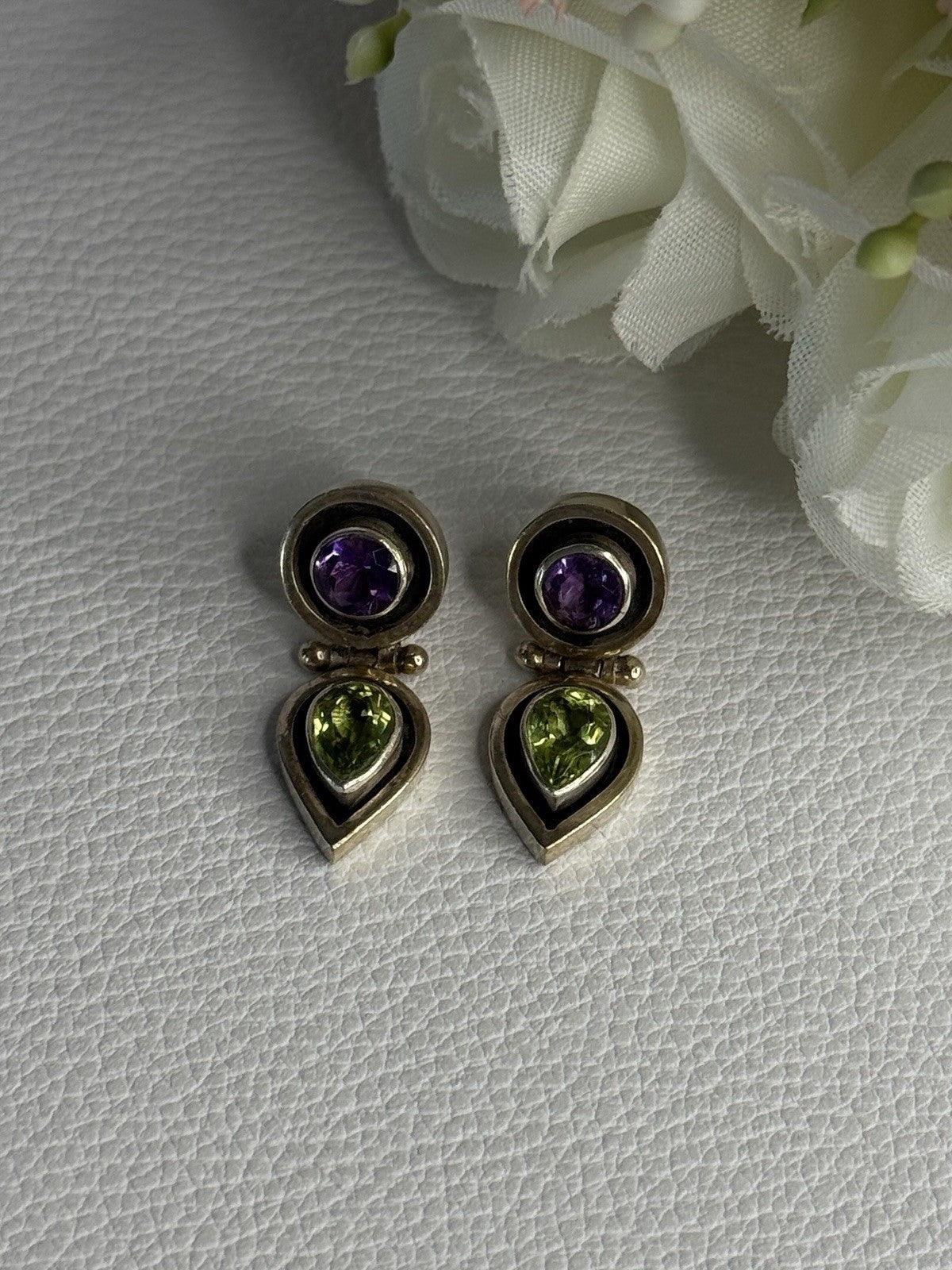 925 Sterling Silver Amethyst & Peridot Earrings Length 1 Inch