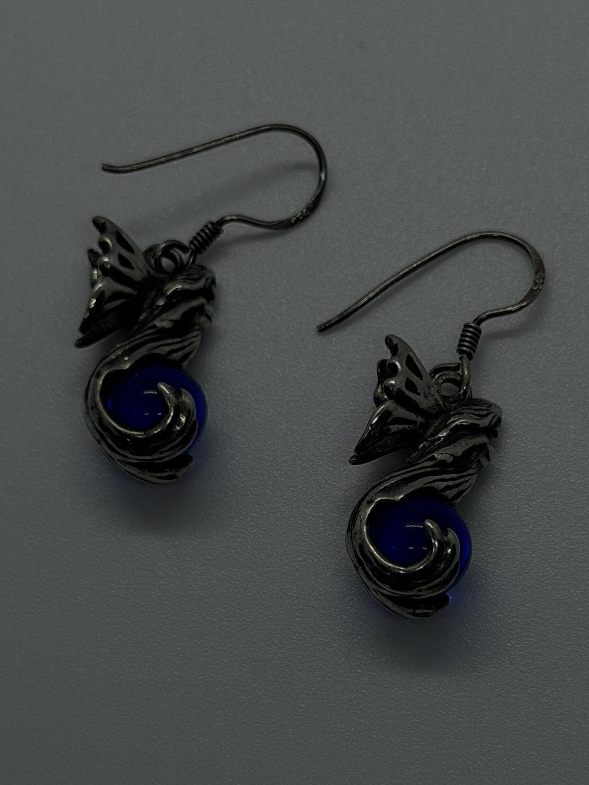 Vintage 925 Sterling Silver Fairy Blue Glass Orb Dangle Earrings Art Nouveau