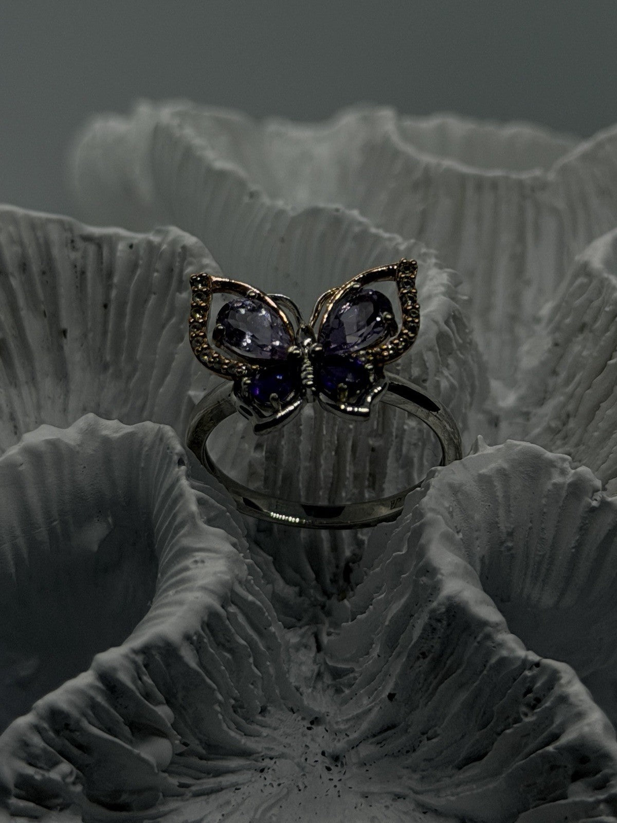 Butterfly 925 Sterling Silver 10K Rose Gold Amethyst  Iolite  Beryl Ring Size 7