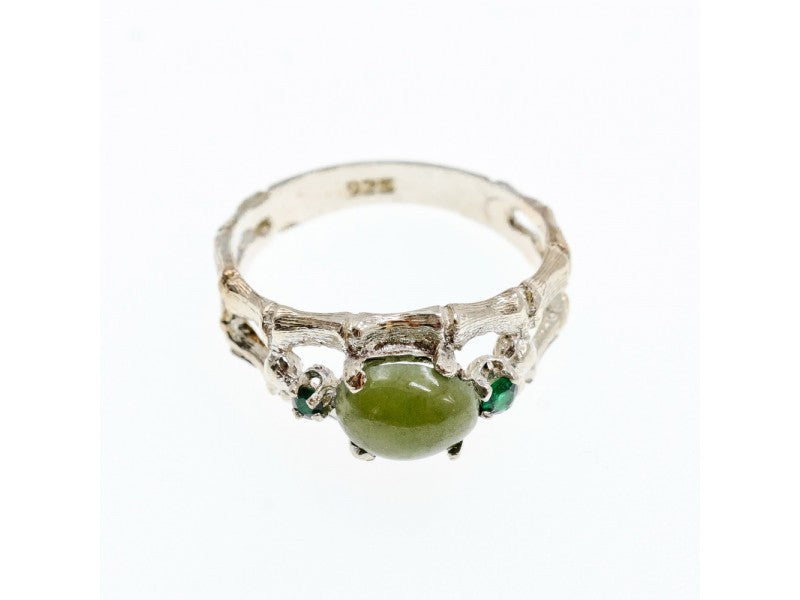 925 Sterling Silver Nephrite ( Jade ) & Emeralds Ring Size 8