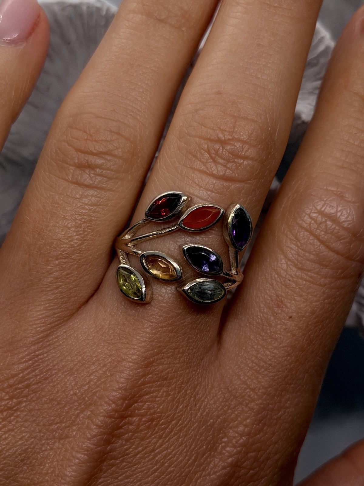 Adjustable 925 Sterling Silver Multi Color Ring Floral Design