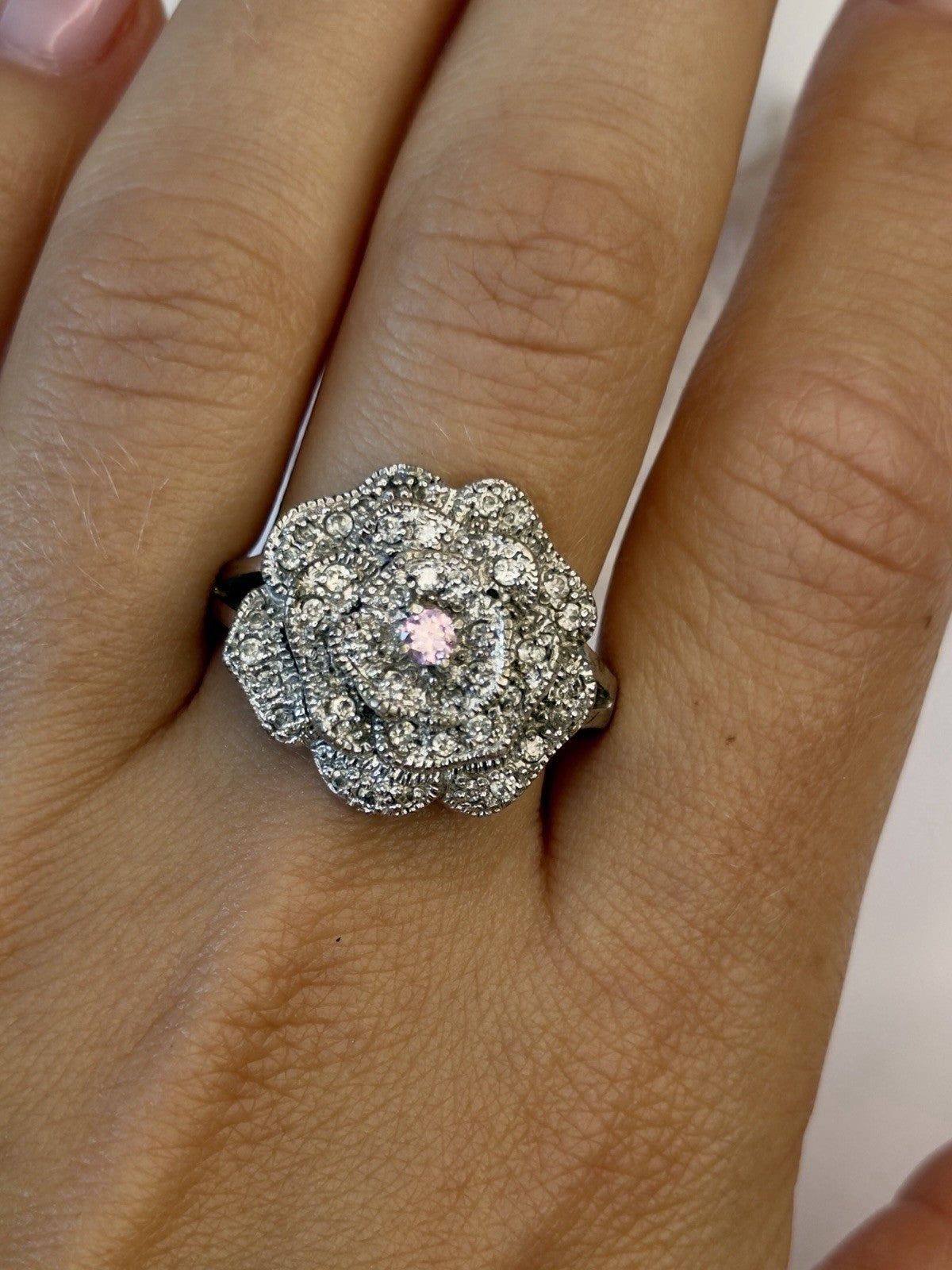 Sparkling Floral 925 Sterling Silver Pink & Clear Sapphire Stones Ring Size 11