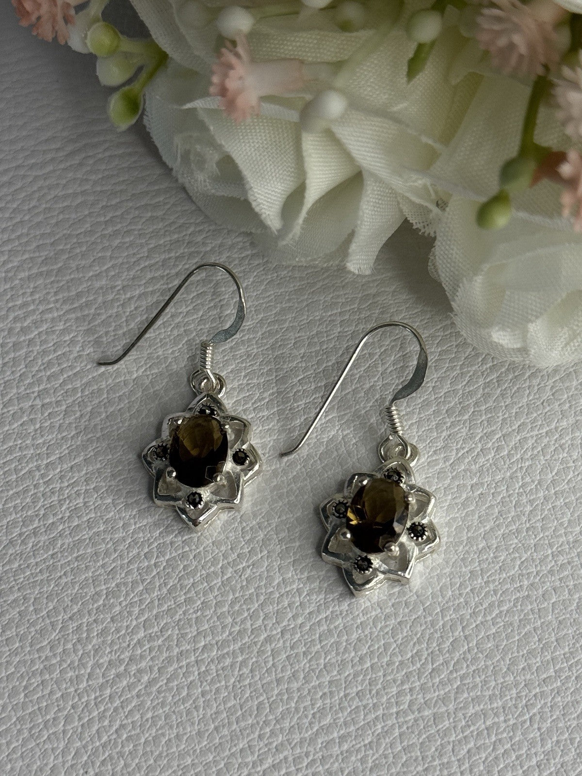 925 Sterling Silver Hessonite & Marcasite Earrings Length 1.10 Inch